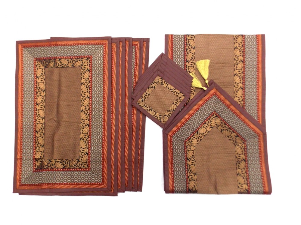 Indian Silk Table Runner with 6 Placemats & 6 Coaster in Brown Color Size 16x62